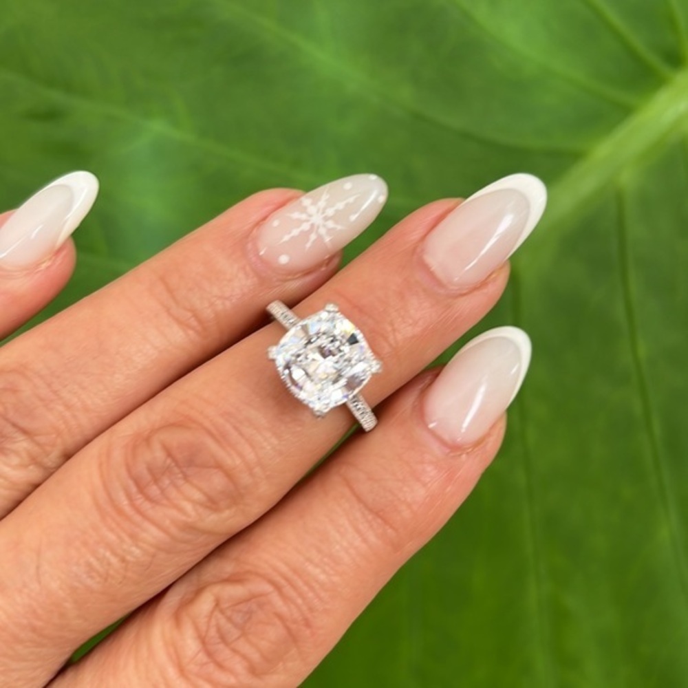 New Sterling silver 4Ct Cushion cut Solitaire Engagement Ring size 6 pave